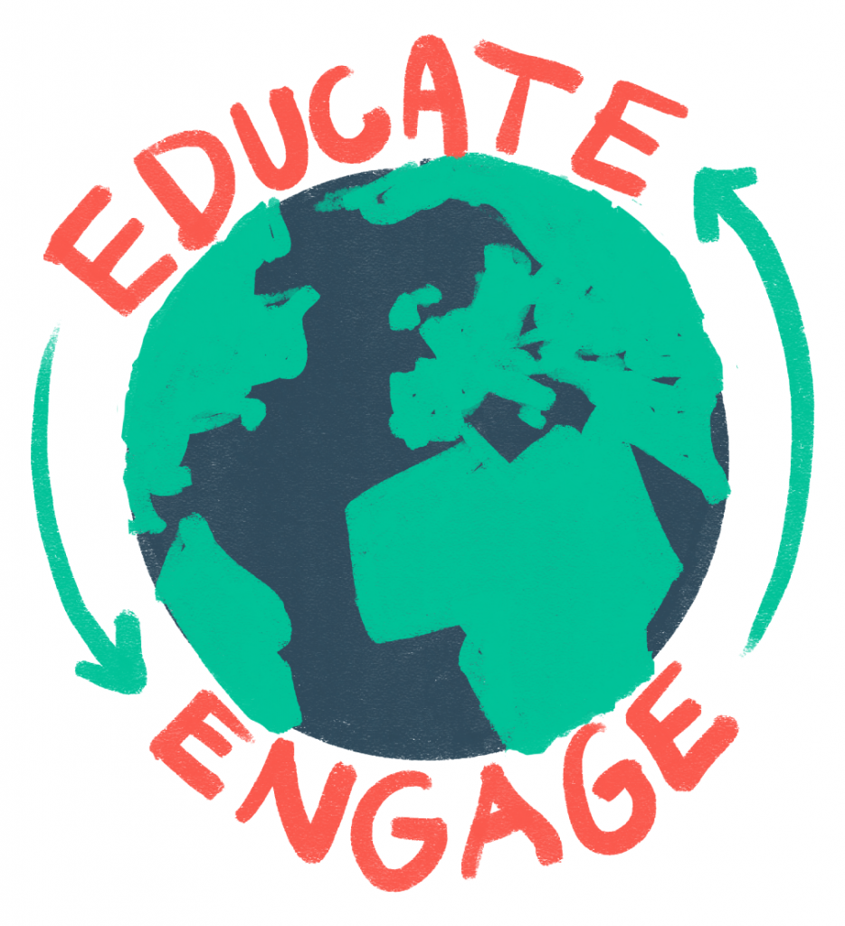 the words educate and engage around a globe